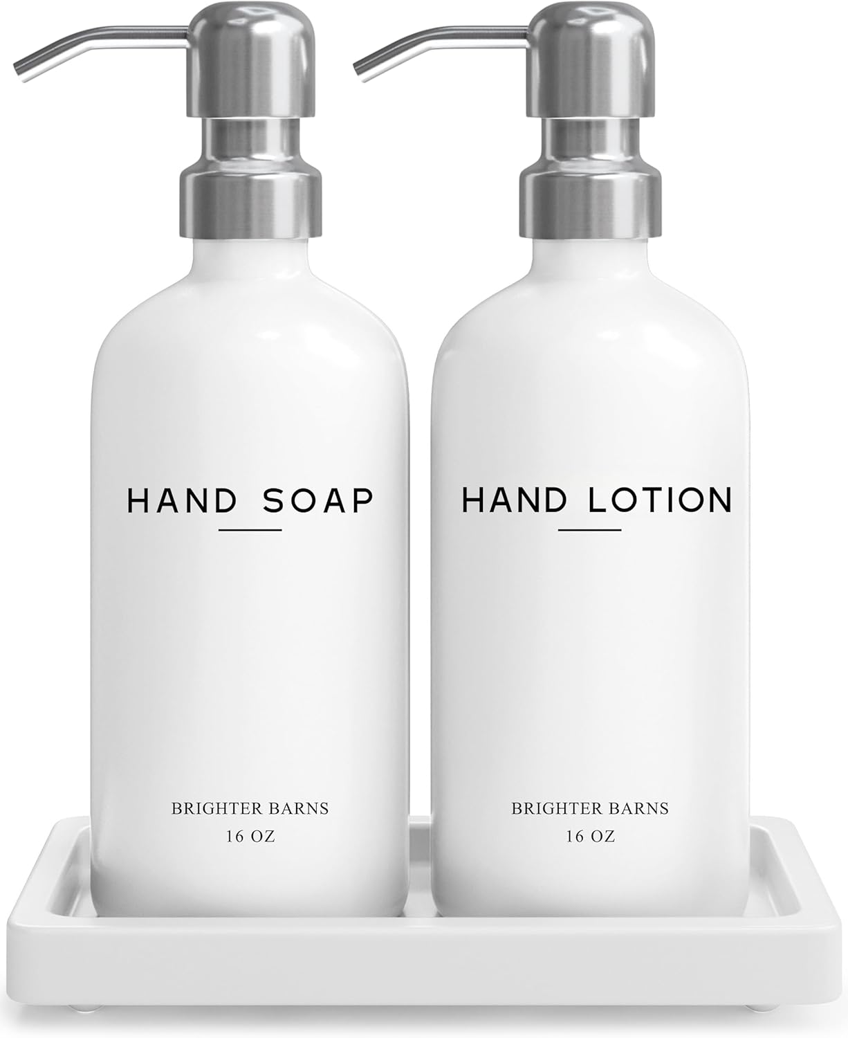 White Glass Soap and Lotion Dispenser Set by Brighter Barns - Bathroom Soap Dispenser Set Tray - Liquid Hand Soap Dispenser Pump - Modern Bathroom Accessories for Guest, Hotel, Spa, Restaurant (White)