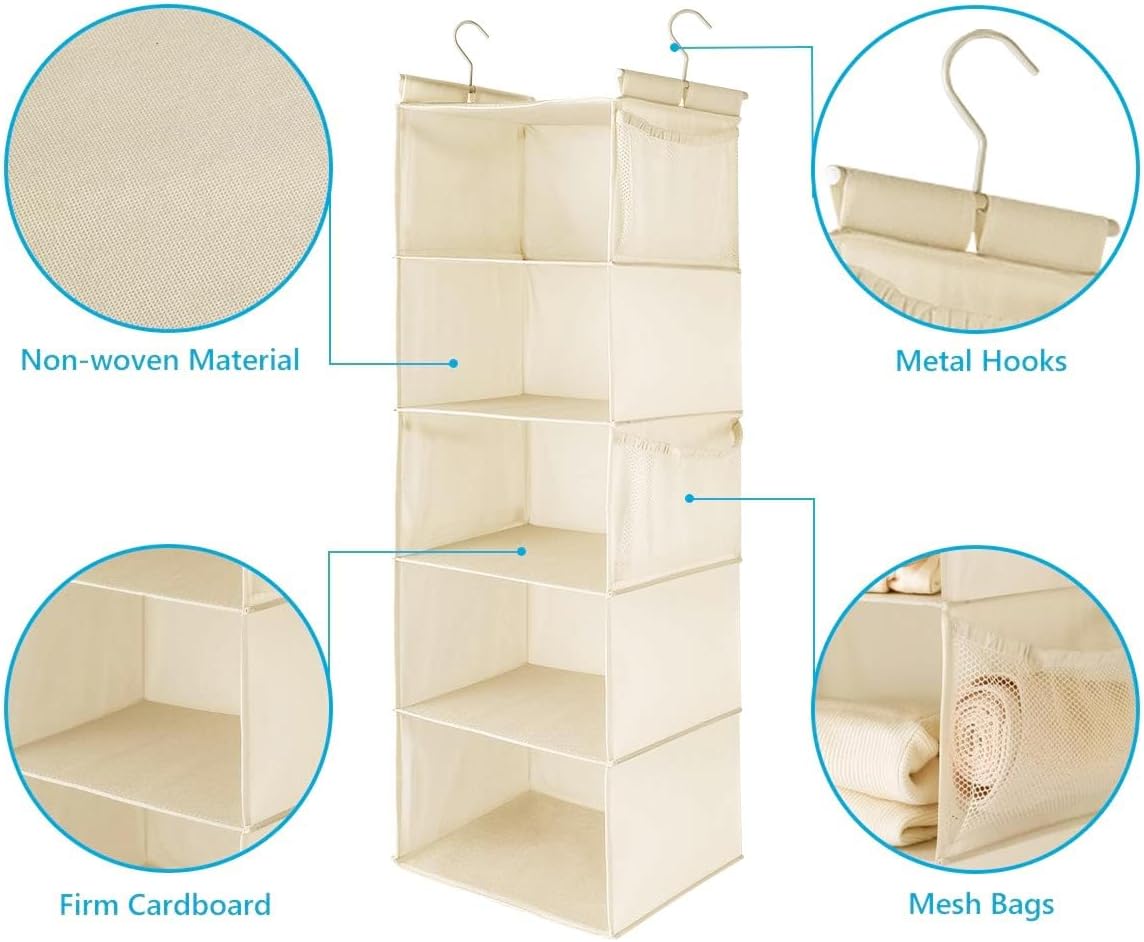 MAX Houser 5 Shelf Hanging Closet Organizer, Space Saver, Cloth Hanging Shelves with 4 Side Pockets, Foldable, Beige