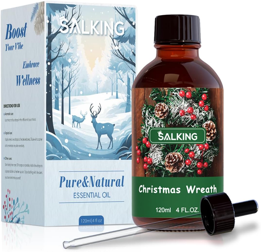 SALKING Christmas Wreath Fragrance Oil, 120ml (4 Fl Oz) Premium Essential Oils for Diffuser, Candle Scents for Candle Making, Soap Making Supplies, Diffuser Oil Scents, Holiday Gifts