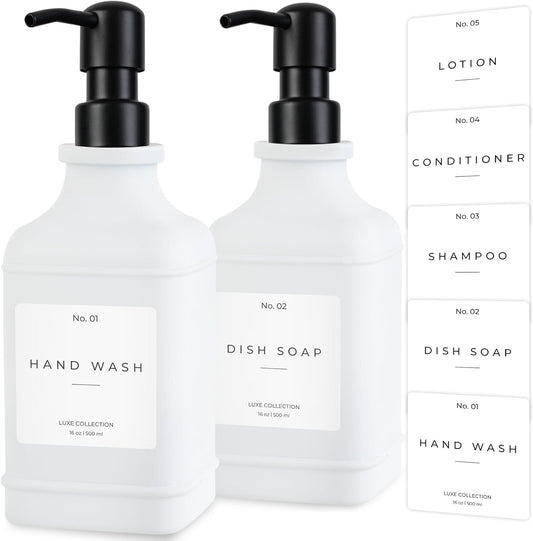Emerson Essentials Glass Soap Dispenser Set – 16 oz 2-Pack – Refillable Dish & Hand Soap Dispensers for Kitchen or Bathroom – Stainless Steel Pump & Waterproof Labels Included