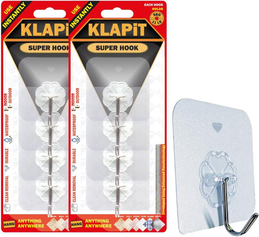 KLAPiT Super Hook - Heavy-Duty Adhesive Clear Wall Hooks, Holds Up to 11 lbs, Waterproof, No Damage, Easy Install on Tile, Wood, Stone, Glass & Metal - Made of Steel (Clear, 8pc)