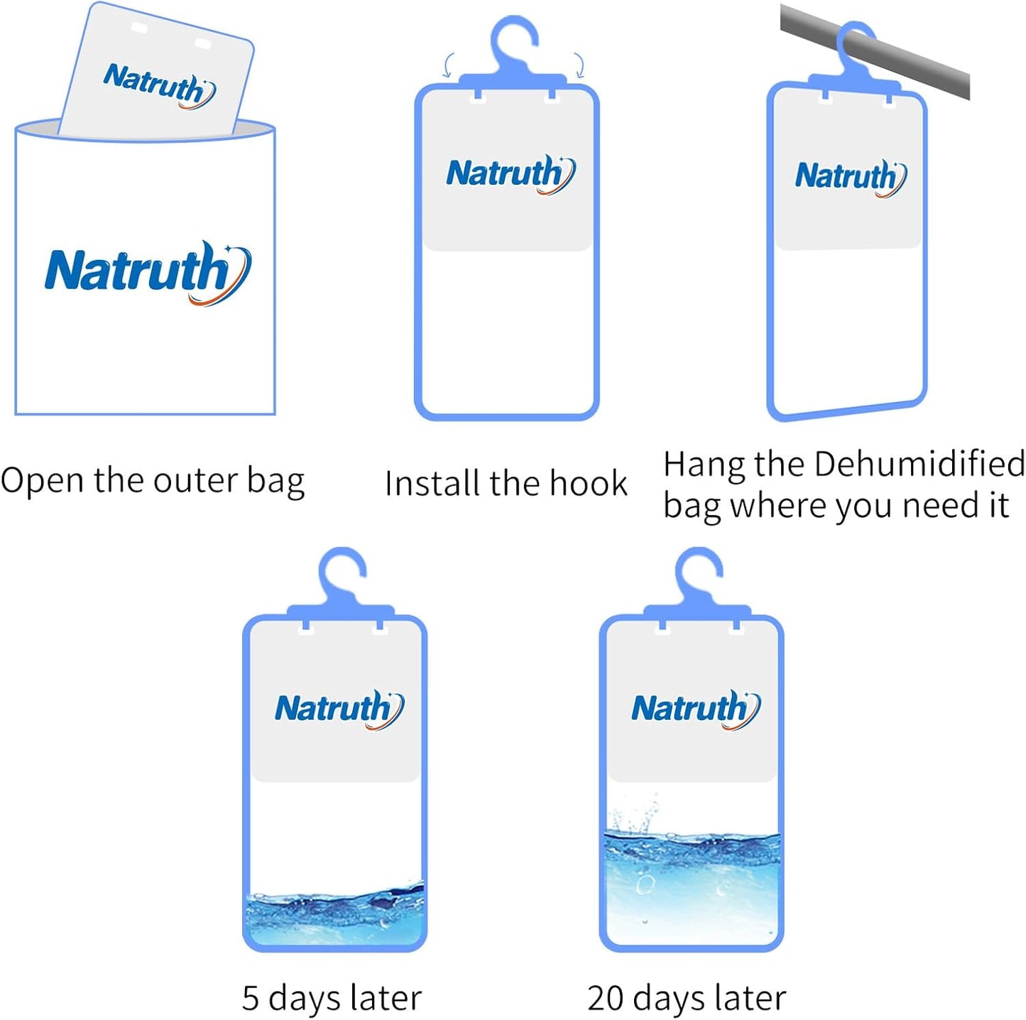 NATRUTH 12-PACK Moisture Absorber Bags With Fresh Linen,Desiccant Hanging Bag Use for Kitchen Bathroom Wardrobe, Eliminates Odors, Hanging Closet Dehumidifier Bags for Closet