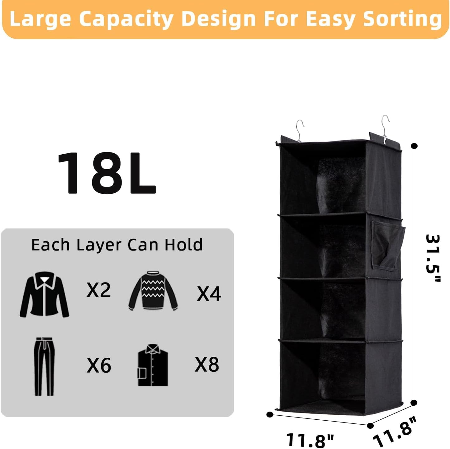 4-Shelf Hanging Closet Organizer and Storage, Collapsible Hanging Shelves for Closet with 2 Side Pockets, Hanging Shoe Organizer to Saving Space,Black