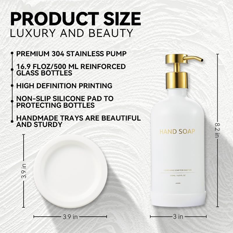 Glass Soap Dispenser Set by Janxin,Bathroom Soap Dispenser Set with Ceramic Tray,Luxury Bathroom Accessories,Modern Kitchen Decor (White+Gold(Hand Soap))