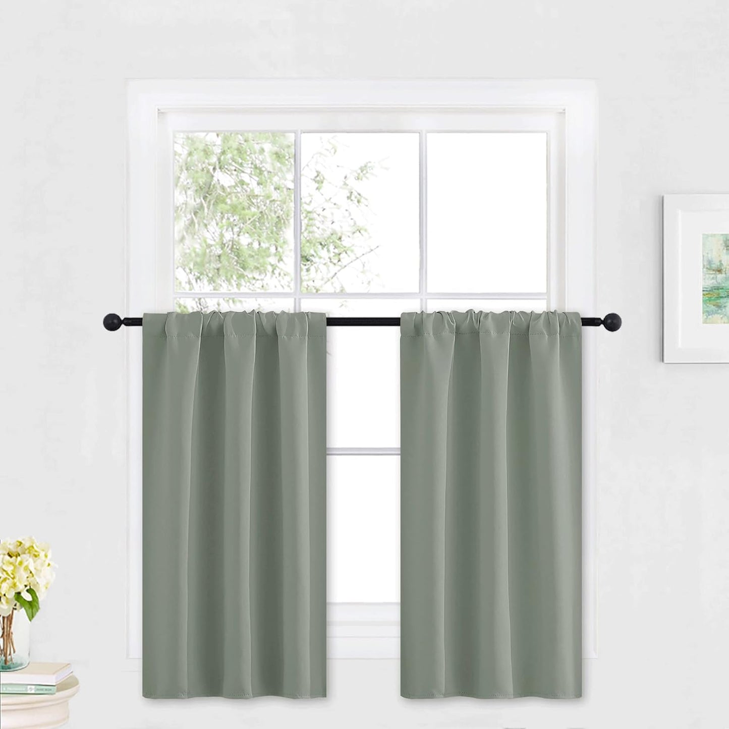 RYB HOME Grayish Green Short Curtains Blackout, 30 inch Durable Cafe Curtains Room Darkening Window Drapes Privacy Protection for Basement Closet Kithen, W29 x L30 inch, 2 Panels