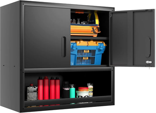 Garage Wall Cabinet with Doors and Shelves, Wall Mounted Metal Storage Cabinet with Open Storage, Lockable Hanging Tool Cabinet for Garage Utility Room, Black