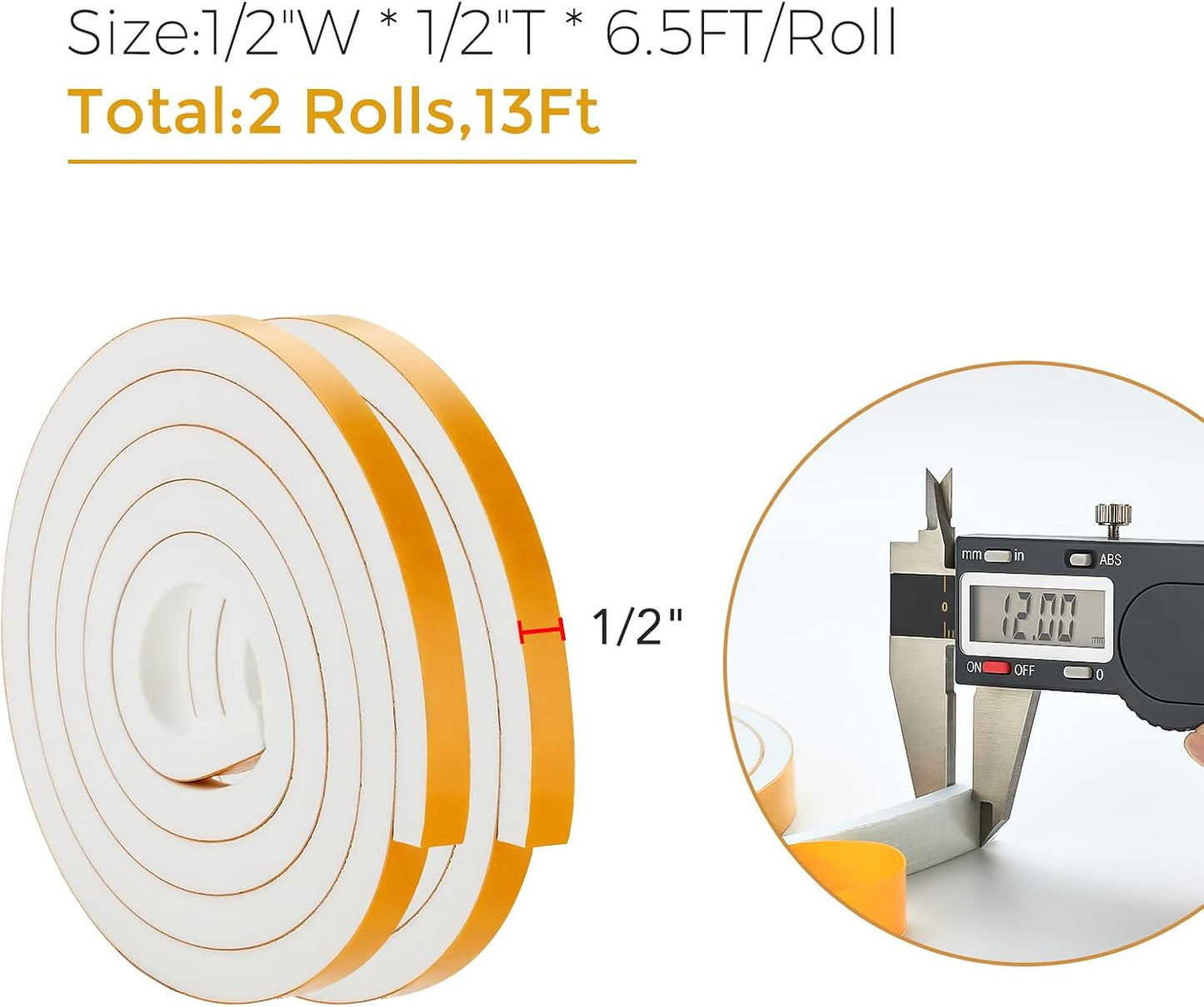 13 Feet Weather Stripping Door Seal, 1/2" Wide X 1/2" Thick Door Seal Strip High Density Foam Tape Adhesive Strip for Door Soundproofing, Window Insulation (1/2" Wide X 1/2" x 13FT, White)