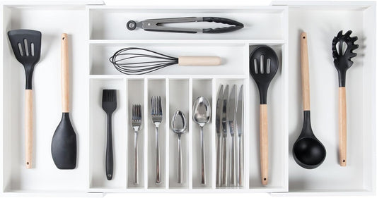 KitchenEdge Premium Silverware, Flatware and Utensil Organizer for Kitchen Drawers, Food-Safe Contract Grade, Expandable from 18 to 33 In, White Bamboo