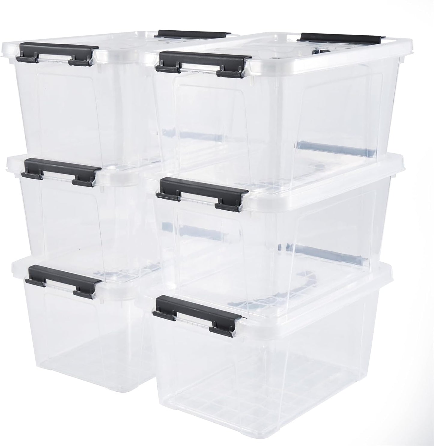 6 Quart Plastic Stackable Storage Latch Bins,Clear Latching Box with Handle and Lid,Pack of 6 (Black Handle)
