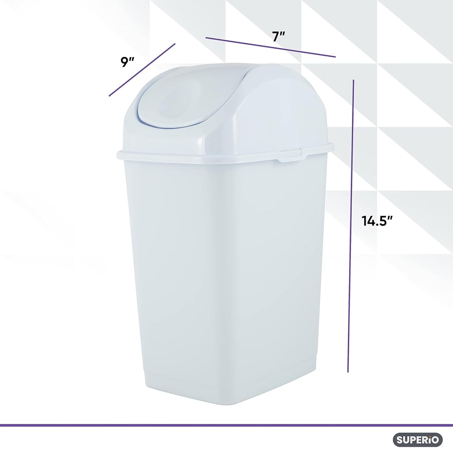 Superio Small 2.5 Gallon Plastic Trash Can with Swing Top Lid, Compact Slim Waste Bin for Under Desk, Office, Bedroom, Bathroom, Dorm Room, 10 Qt. Portable Garbage Can (White)