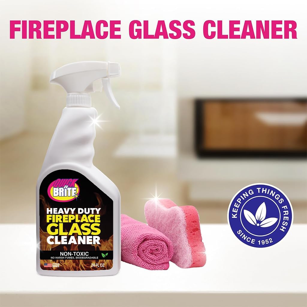 Quick N Brite Fireplace Glass Cleaner 24oz, Nonabrasive Cleaning Spray for Fireplace Glass, Oven Glass, Glass Cooktops, Ceramic-Glass, Microwave Glass