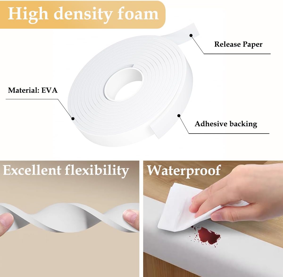 Weather Stripping Door Seal White,1Inch Wide X 1/4 Inch Thick,Air Conditioner Window Seal,Self Adhesive Foam Tape High Density Foam Sealing Strip,Door Soundproof Foam Tape Roll,2 Rolls Total 32.8Ft