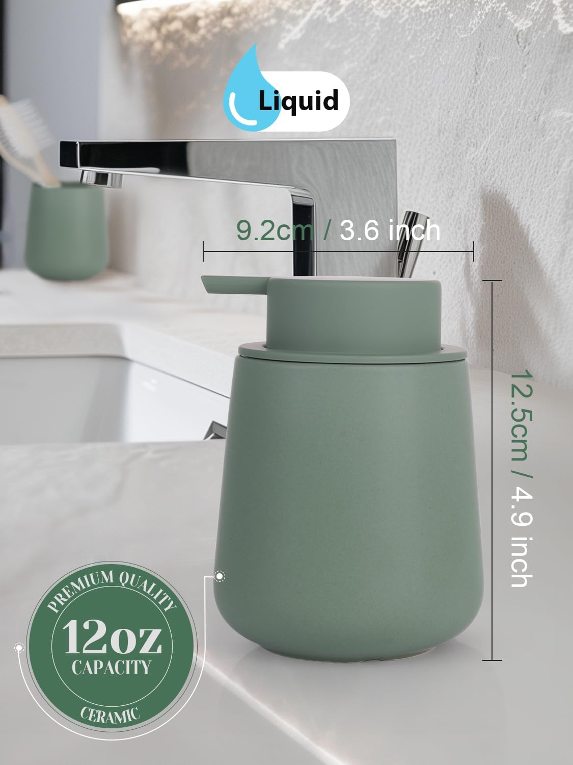 INGOFIN Ceramic Lotion Dispenser - 12oz Refillable Hand Soap Dispenser Bathroom, Modern Liquid Dispenser with Pump, Dish Dispenser for Kitchen, Matte Green