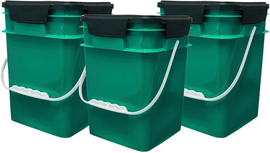 House Naturals 4 Gallon Square Food Grade Bucket Pail with Plastic Handles and Lid (Pack of 3) Made in USA containers (Dark Green - Black lids)