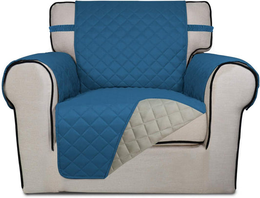 PureFit Reversible Quilted Sofa Cover, Water Resistant Slipcover Furniture Protector, Washable Couch Cover with Non Slip Foam and Elastic Straps for Kids, Pets (Small, Peacock Blue/Beige)