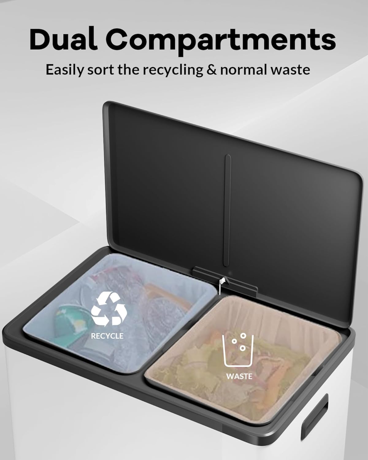 Garvee Dual Trash Can for Recycling and Trash, 2 x 30 L (60 L) Stainless Steel Kitchen Trash Can with Lid and Foot Pedal, Double Compartment Garbage Can, with Recycling Bin, 2 x 8 Gallon