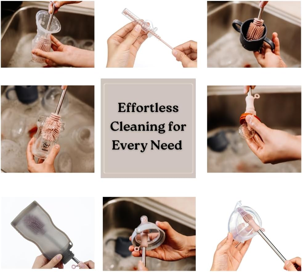 Haakaa Silicone Cleaning Brush Kit – Household Cleaning Brushes for Bottles and Crevices – Food-Grade Silicone: Dishwasher Safe (Kit-Blush)