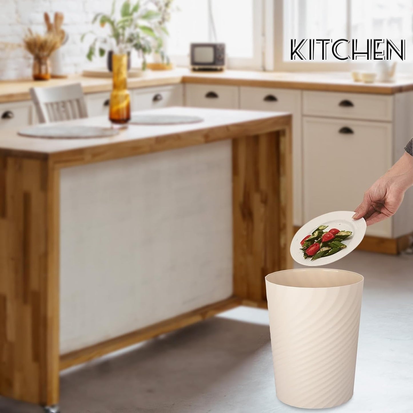 UUJOLY Plastic Small Trash Can Wastebasket, Garbage Container Basket for Bathrooms, Laundry Room, Kitchens, Offices, Kids Rooms, Dorms, (Beige, 1.8 Gallon)