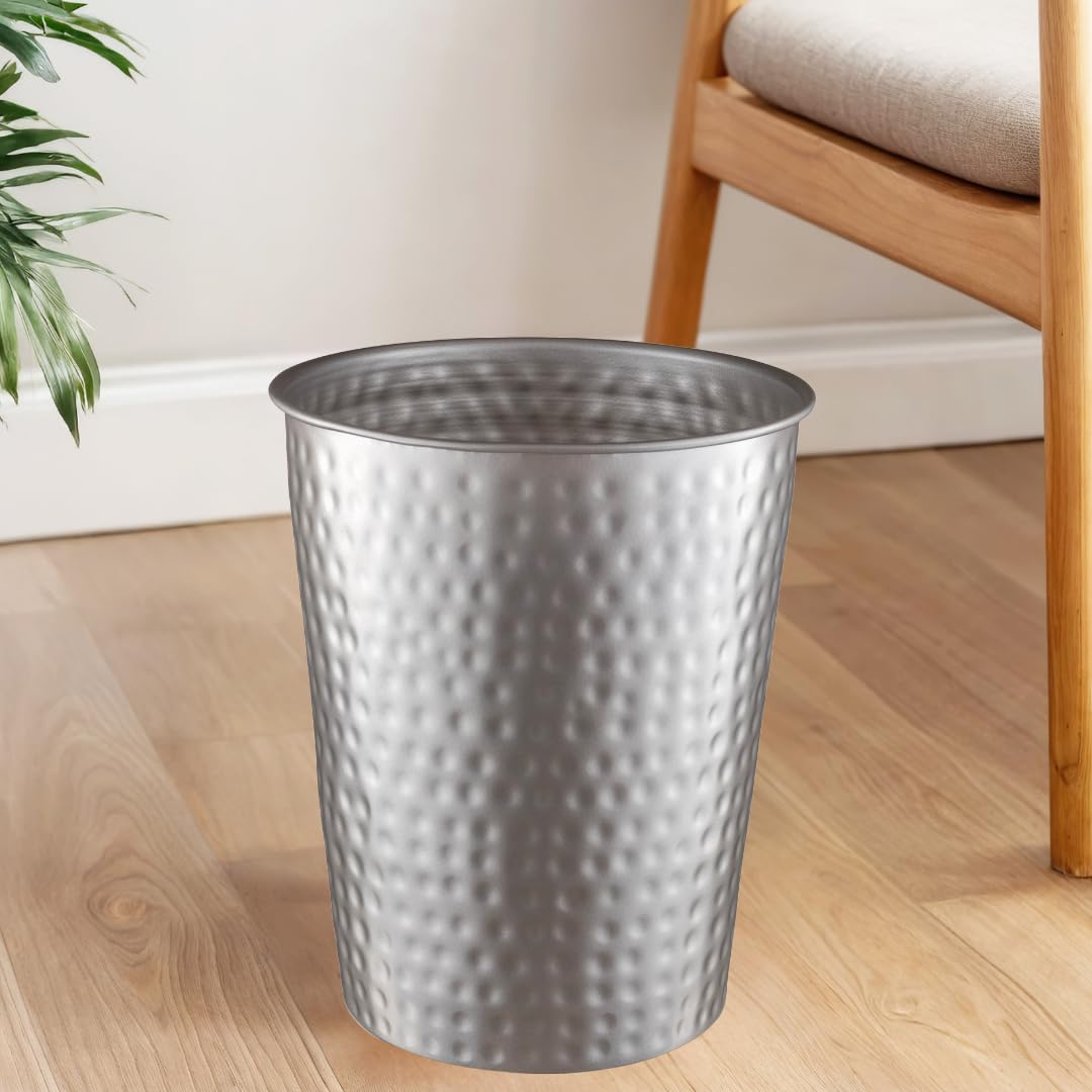 Monarch Abode Pewter Hand Hammered Metal Wastebasket for Home Office Bedroom, Decorative Waste Basket, Modern Bathroom Garbage Can, Durable & Decorative Trash Bin, Pewter Bathroom Trash Can