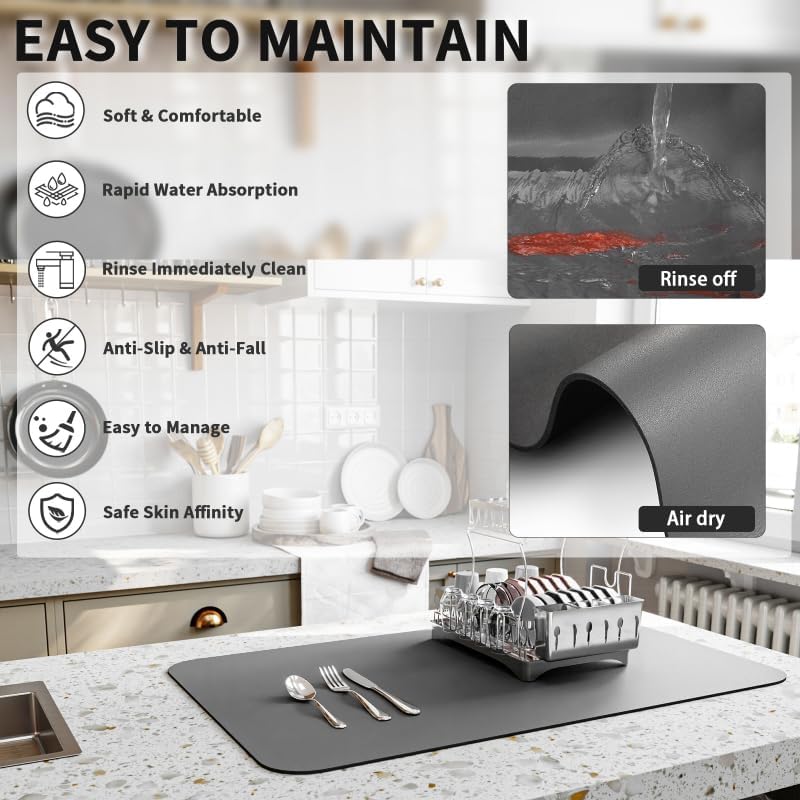 Dish Drying Mat for Kitchen Counter, Heat Resistant Drainer Mats with Non-slip Rubber Backed, Hide Stain Kitchen Super Absorbent Draining Mat, Easy to Clean Dish Rack Pad, Dark Grey 18"x24"