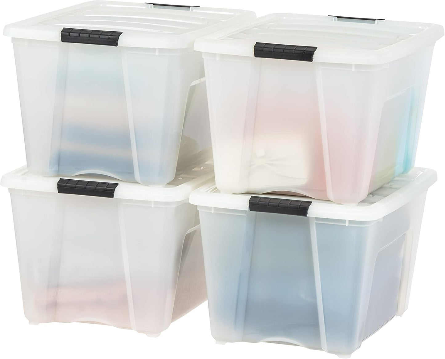 IRIS USA 54 Qt Stackable Plastic Storage Bins with Lids, 4 Pack - BPA-Free, Made in USA - Discreet Organizing Solution, Latches, Durable Nestable Containers, Secure Pull Handle - Pearl