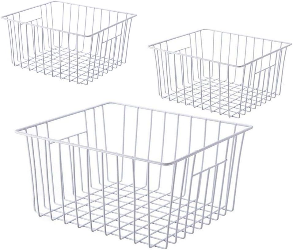 Upright Freezer Organizer Bins， Freezer Baskets for 14, 15 cu.ft Standup Freezer, Wire Storage Bins with Built-in Handles for Frozen Foods, Snacks, Vegetables, Fruits and More, 3Pcs , White