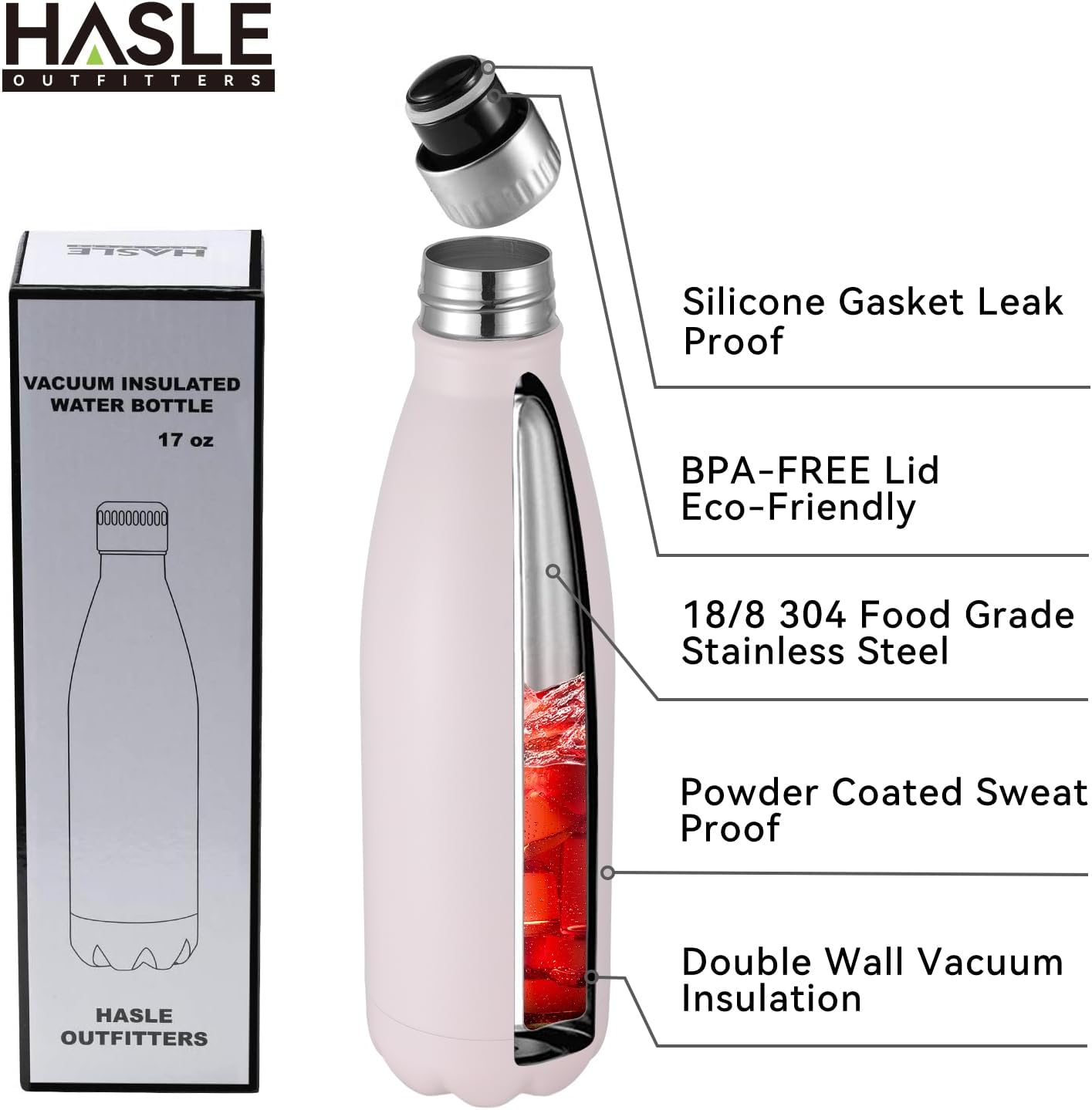 HASLE OUTFITTERS 17oz Stainless Steel Water Bottles, Vacuum Insulated Water Bottles Double Walled Powder Coated Reusable Metal Sports Water Bottles Keep Drinks Hot and Cold, Pink, 1Pack