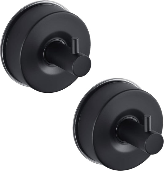 JOMOLA Stainless Steel Bathroom Suction Hooks - No Drill Adhesive-Free Wall Mount for Shower, Towel & Robe, Rustproof Metal Hardware with Damage-Free Grip, Matte Black (2-Pack)