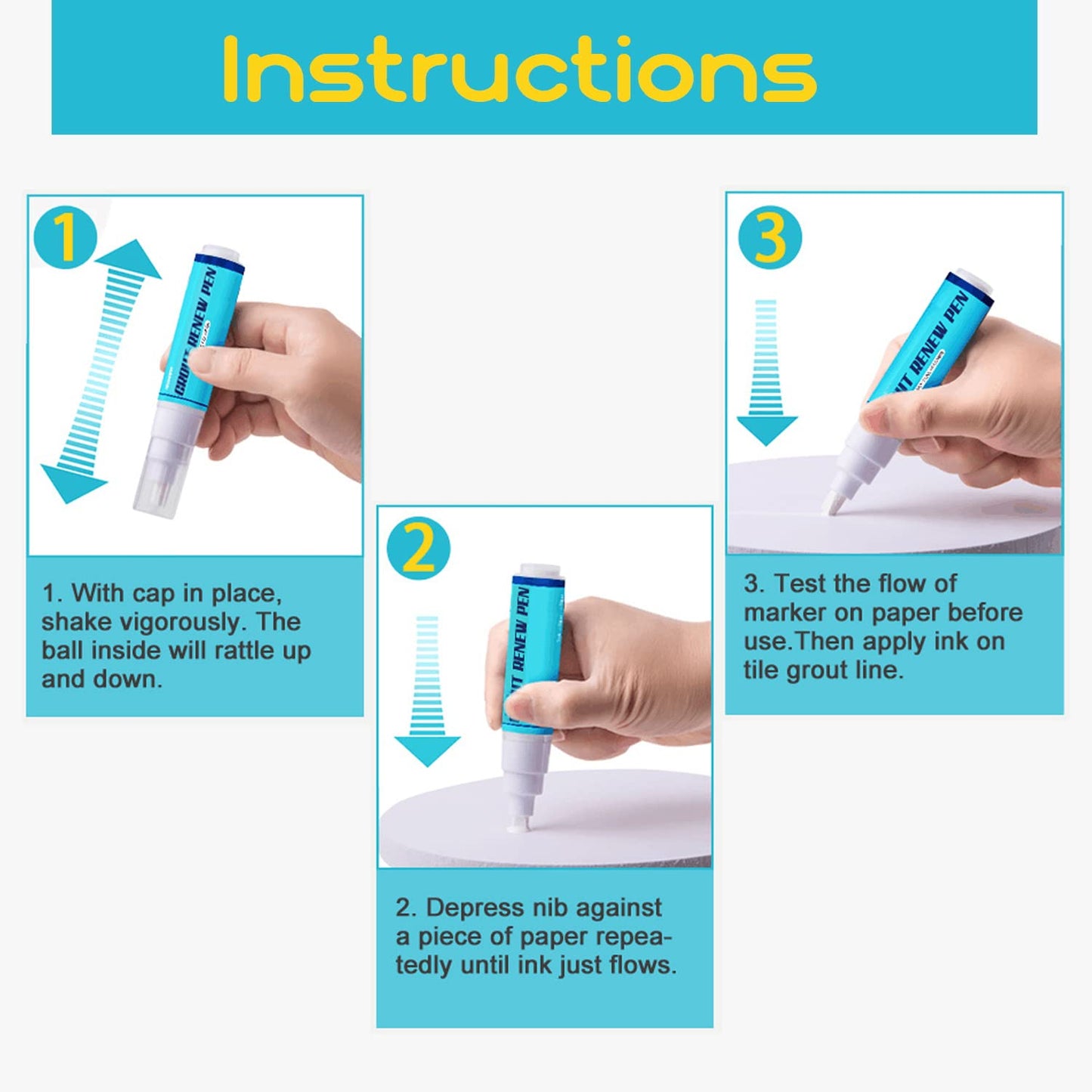 NADAMOO Grout Renew Pen White, 2 Large 20ml Paint Pens, Touch Up Repair Marker for Tile Gap Coating - Restore Grout Line, With 2 Replacement Nibs and 1 Cleaning Brush