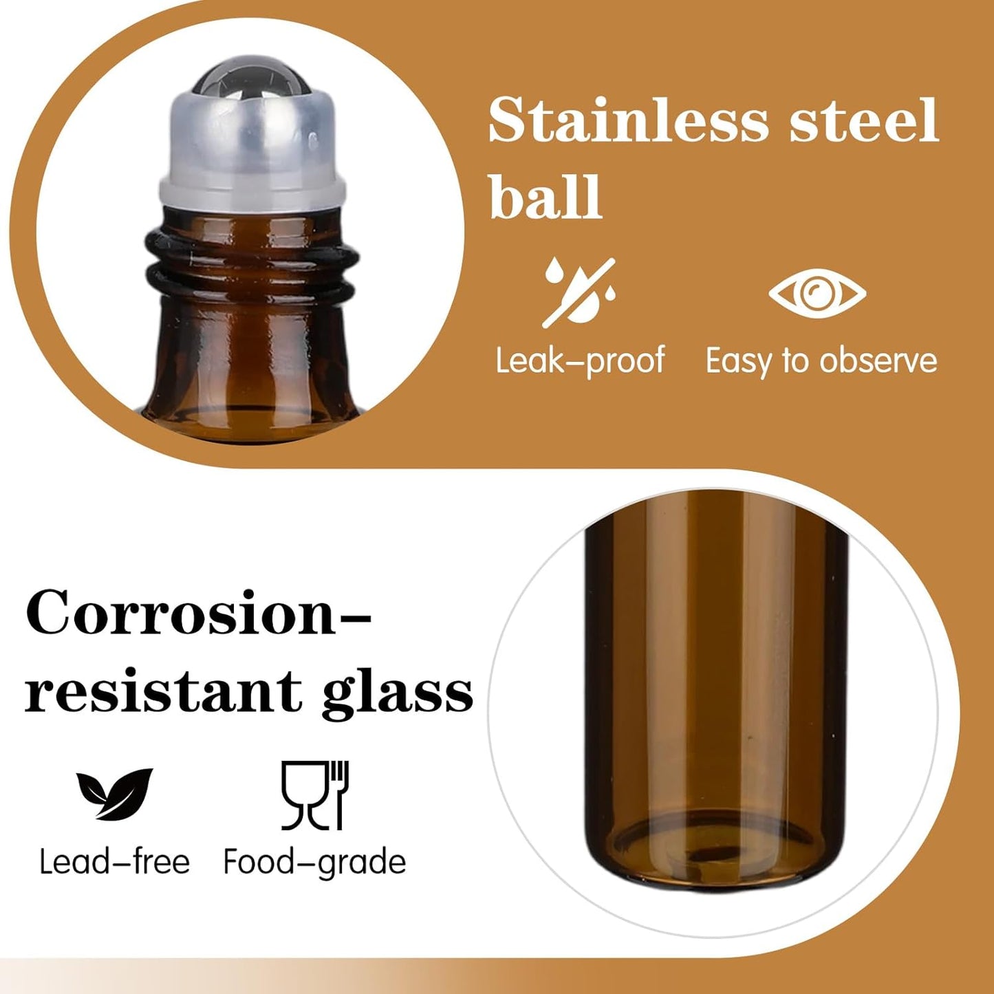 10pcs Amber Essential Oil Roller Bottles, 10ml Roller Bottles for Essential Oils, Refillable Roller Balls for Essential Oils, with Stainless Steel Roller Balls, 2 Droppers for Travel, Perfume and Lip