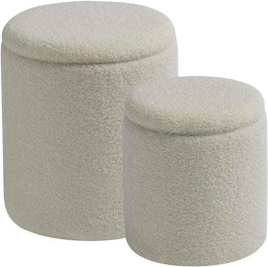 Round Ottoman with Storage Set of 2-Upholstered Sherpa Vanity Stool for Makeup Multifunctional Ottomans Coffee Table Padded Seat Foot Rest for Living Room&Bedroom(Sherpa White)
