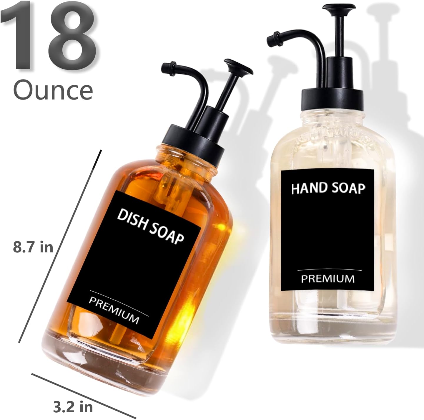 Dish Soap Dispenser for Kitchen, Hand Glass Soap Dispenser Set with Pump, Tray, Funnel for Bathroom, Shower, Laundry, Liquid, Lotion (Black 2 Pack 18 Oz Clear Bottles with 12 Stickers)