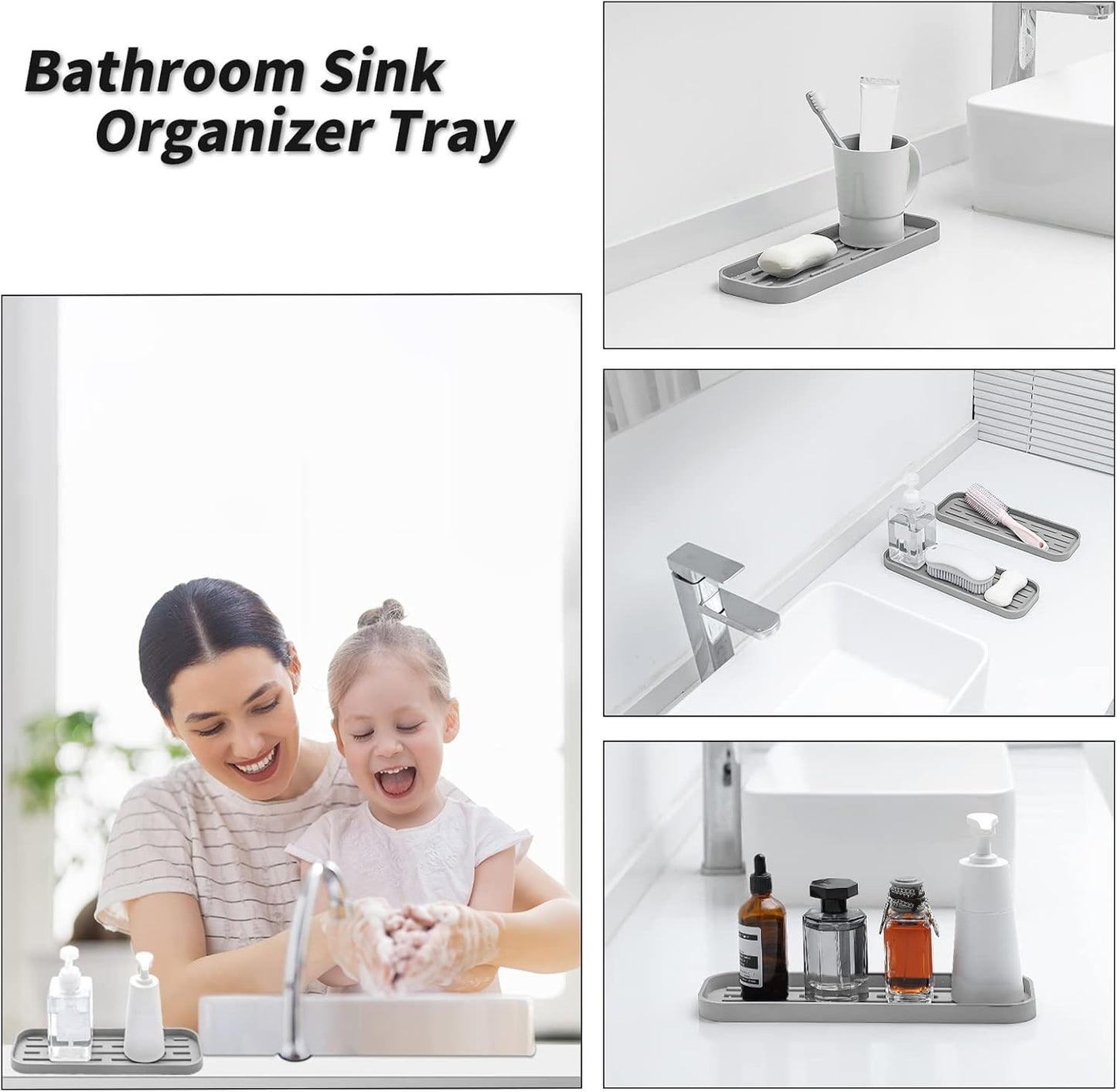 Silicone Kitchen Sink Organizer Tray for Multiple Usage,Eco-Friendly Sponges Holder for Kitchen Bathroom Counter or Sink,Dish Soap Dispenser,Scrubber,Bottle,Cup (Grey, 12"×4")