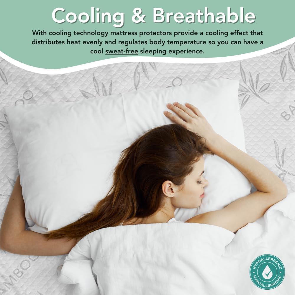 Bamboo Rayon Mattress Protector with Zipper + 2 Pillow Protectors - 100% Waterproof Cooling King Size Cover - Ultra Soft Fabric Breathable Noiseless Mattress Pad Covers Zippered Encasement