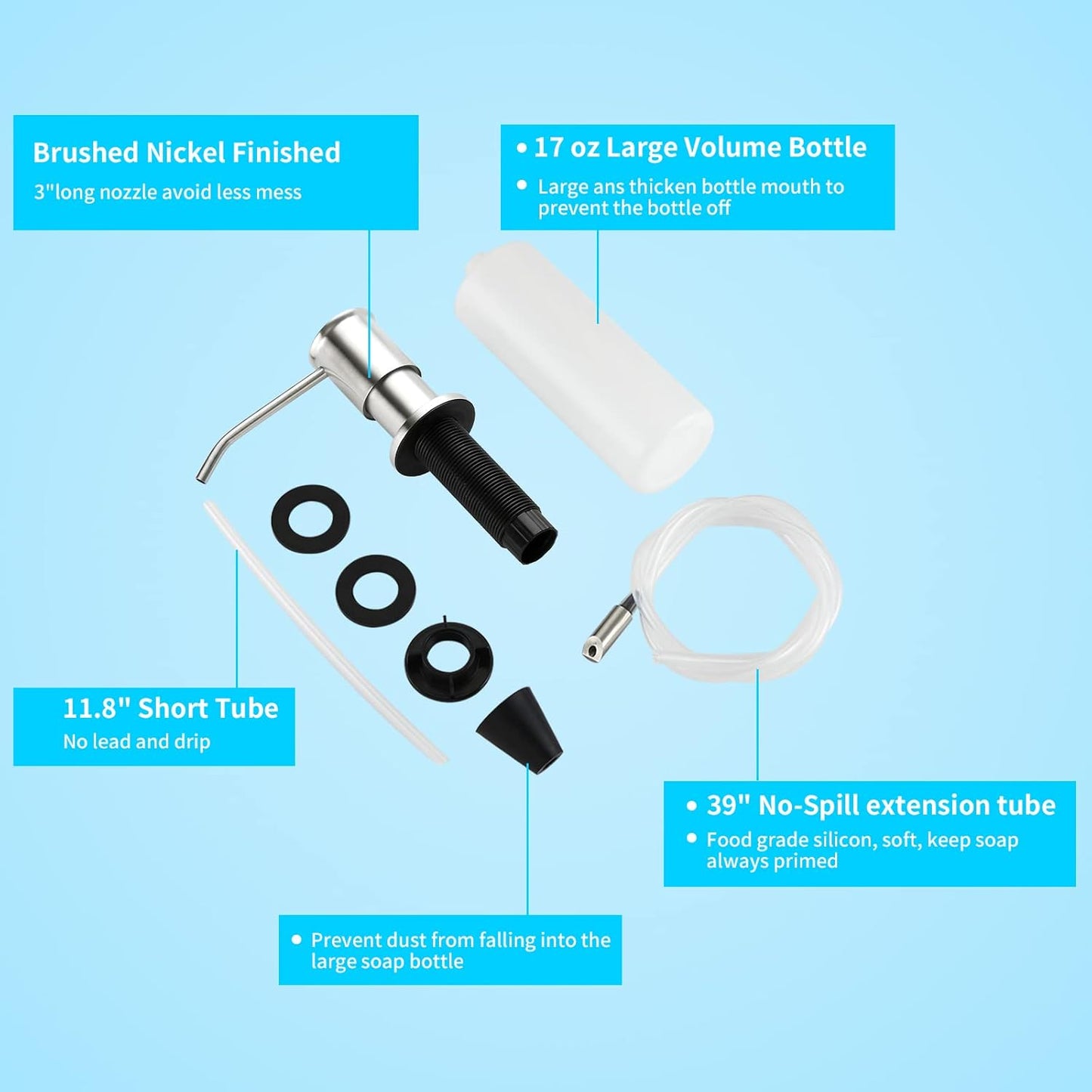 CREA Kitchen Sink Soap Dispenser Countertop for Kitchen Sink, Stainless Stee Built in Sink Soap Dispenser Brushed Nickel for Bathroom with 39" Tube Large Capacity 17 OZ Bottle