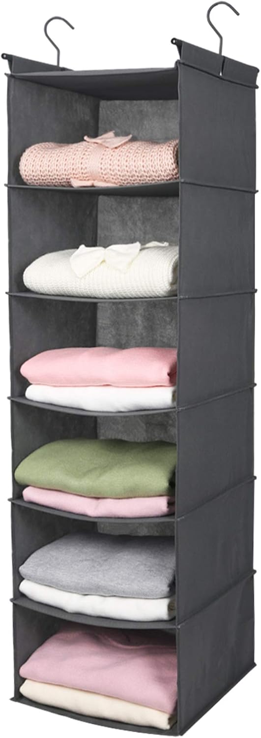 MAX Houser 6 Tier Shelf Hanging Closet Organizer, Closet Hanging Shelf with 2 Sturdy Hooks for Storage, Foldable (Grey)