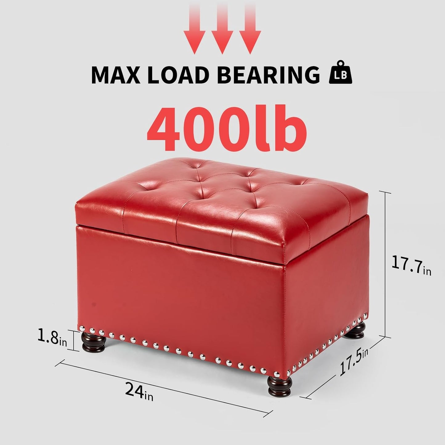 Joveco Leather Storage Ottoman, 24" Rectangle Square Bench Foot Rest Stool for Bedroom Living Room, Red