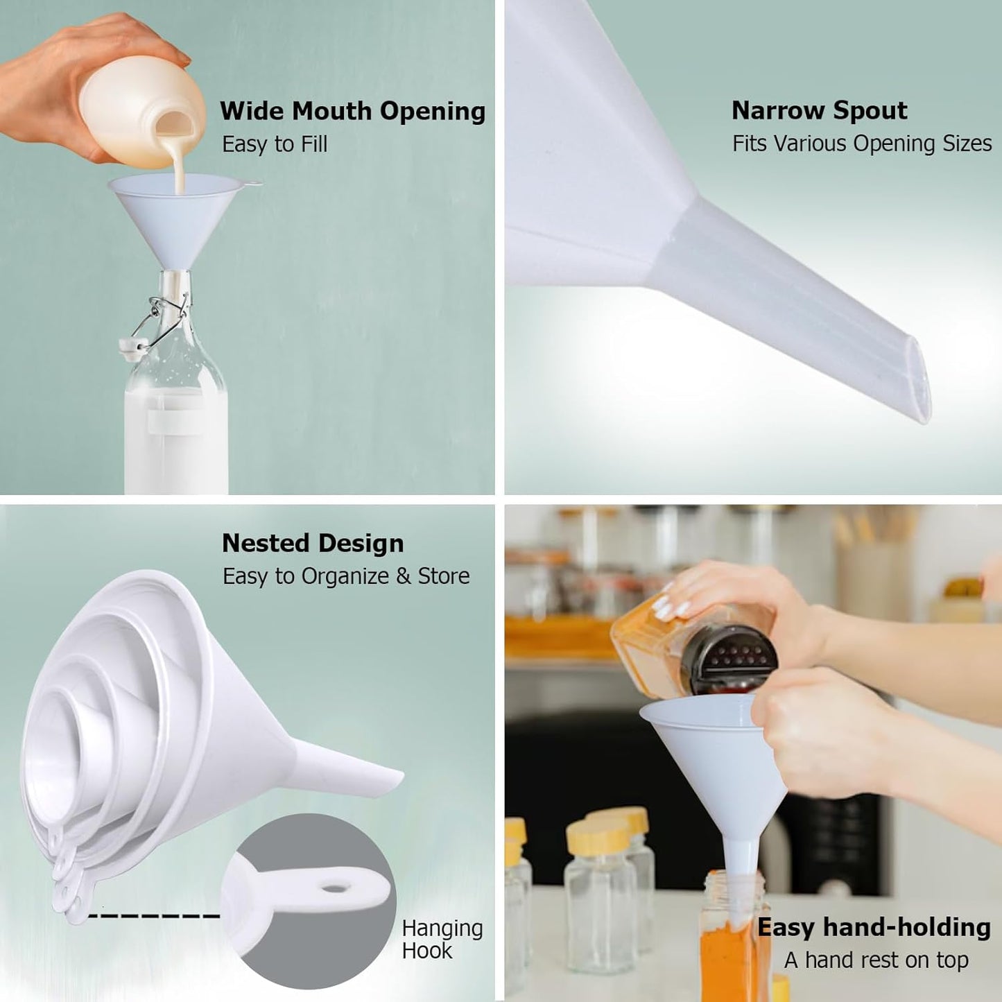 6 Pack Funnels for Kitchen Automotive Use Filling Bottles, Plastic Funnels Assorted 4 Sizes, Silicone Collapsible Funnel Set 2 Small and Large for Liquids, Oils, Powders Transfer, Cooking