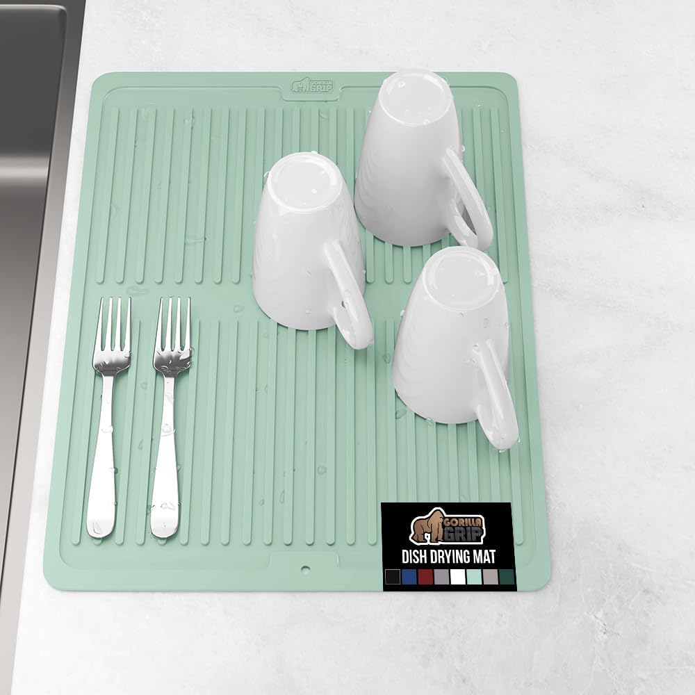 GORILLA GRIP 100% BPA-Free Patented Silicone Dish Drying Mat for Kitchen Counter, Water Catching Ribbed Design, Easy Clean Waterproof Sink Liner, Heat Resistant, Fits Under Rack, 16x12 Inch, Mint