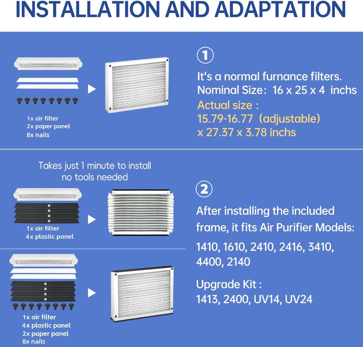 413 Replacement Air Filter MERV 13 16x25x4 for Air Purifiers Model 1410 1610 2140 2400 2410 2416 3410 4400 or 2400 with Upgrade Kit 1413 Pleated HVAC AC Furnace Filter 2-Pack