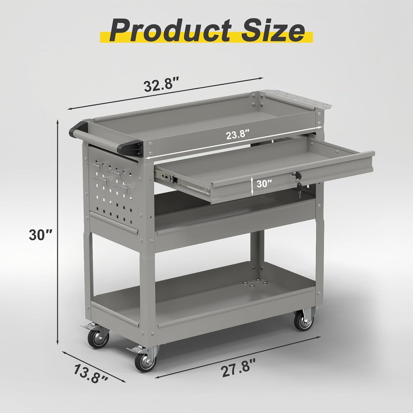 3-Tier Rolling Tool Cart with Drawers, Heavy Duty Utility Storage Cart with pegboard, Lockable Metal Tool Chest on Wheels for Garage, Warehouse & Repair Shop