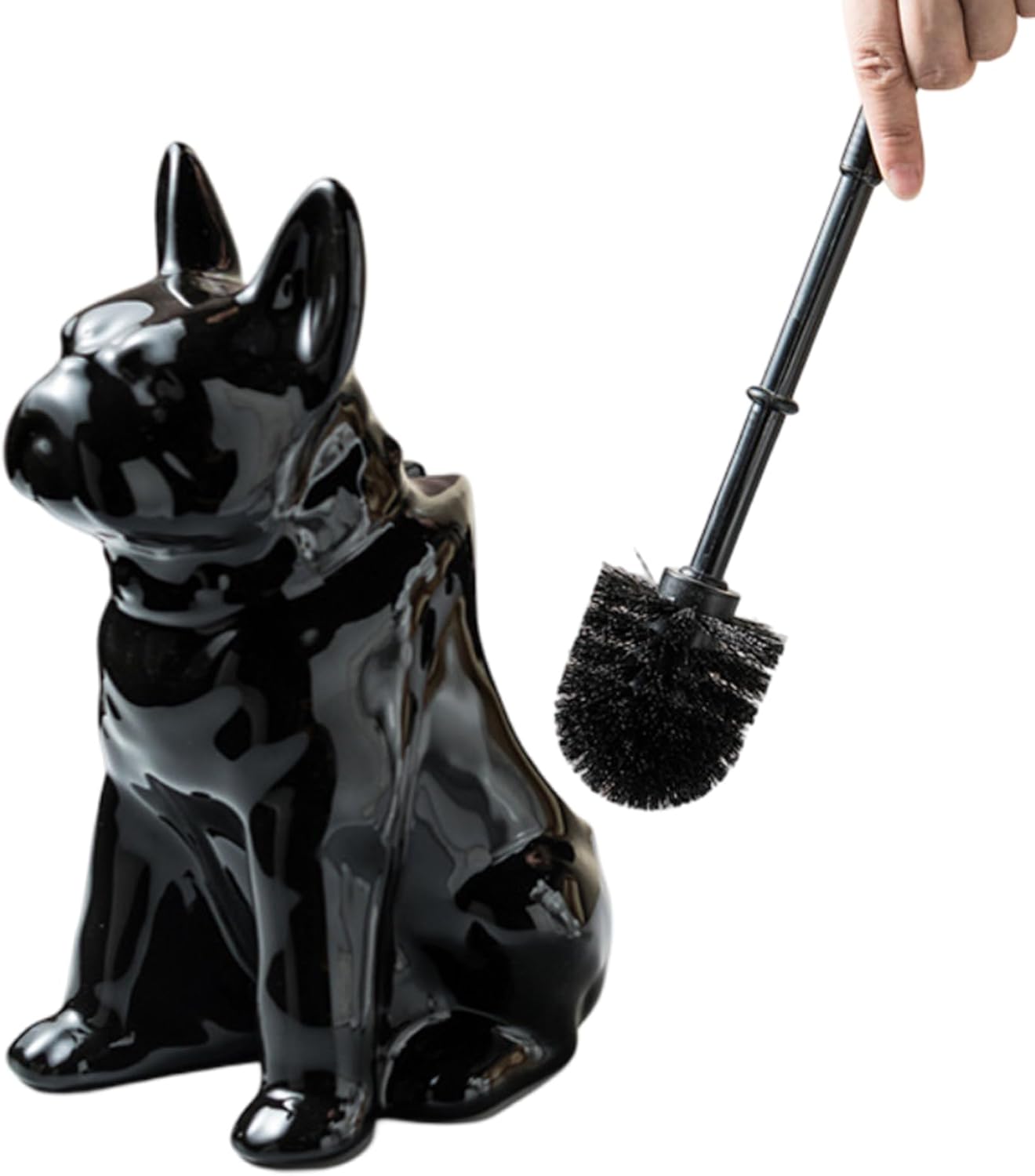 Comeon Ceramic Dog White/Black Toilet Brush and Holder Set, Plastic Handled Scrub Brush for Bathroom Cleaning,13.7"*6.3" (Black)