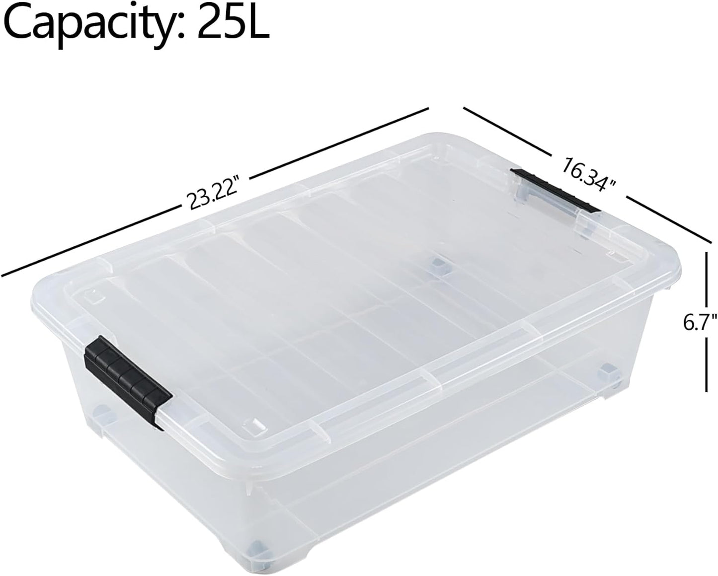 25 L Plastic Sturdy Rolling Under Bed Storage Container Bins, Clear Underbed Storage with Latching Lid and Wheels, 4 Packs