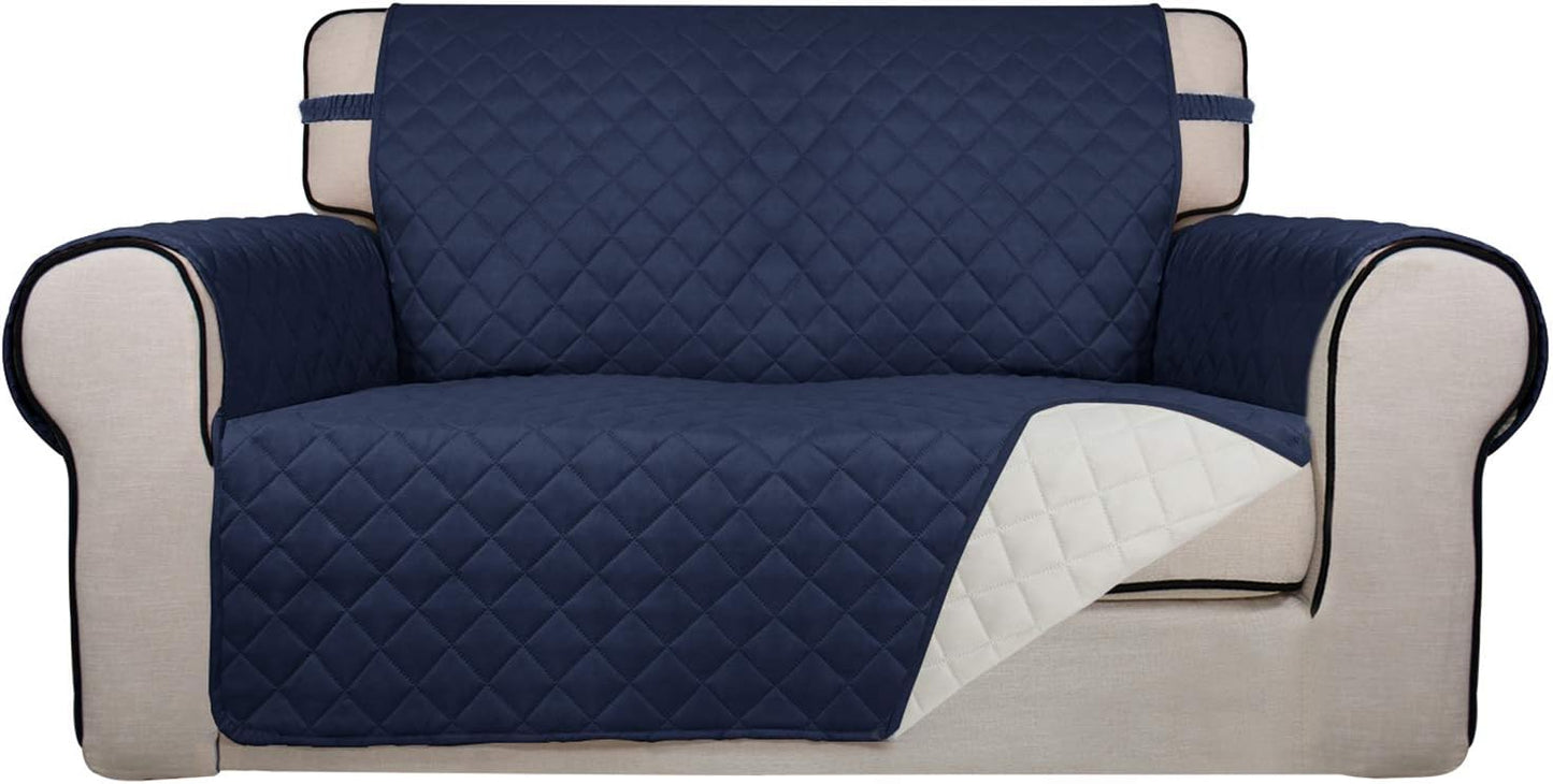 PureFit Reversible Quilted Sofa Cover, Water Resistant Medium Slipcover Furniture Protector, Washable Couch Cover with Non Slip Foam and Elastic Straps for Kids, Dogs, Pets (Loveseat, Navy/Ivory)