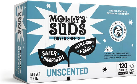Molly's Suds Fabric Softener Dryer Sheets for Sensitive Skin | Plant-Based Static Reducer, Plastic-Free Packaging | Unscented (120 Sheets)