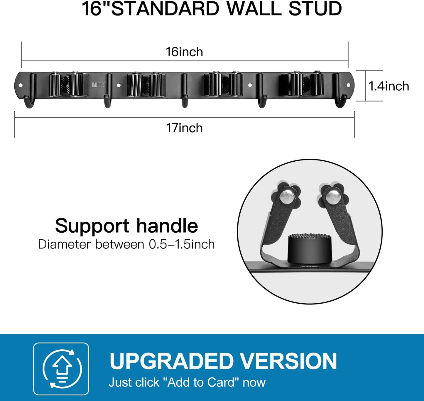 IMILLET 2 Pack Broom and Mop Holder Wall Mounted, Broom Holder Stainless Steel Broom Organizer Heavy Duty Tools Organizer Self Adhesive for Laundry Room Garage Garden（4 Racks and 5 Hooks）
