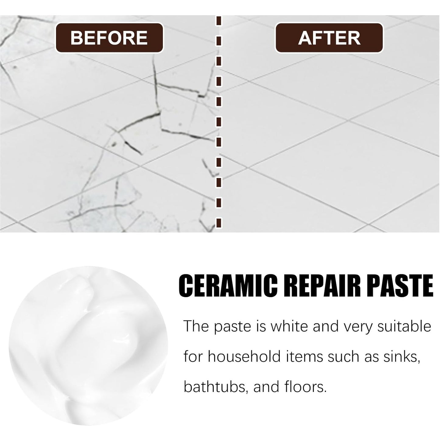 Tile and Ceramic Glaze Repair Paste,Ceramic Tile Crack Repair,Porcelain Sink Repair Kit,Tilegrout Repair,for Bathtub Tilefloors,Sinks, and Toilets (1PC)