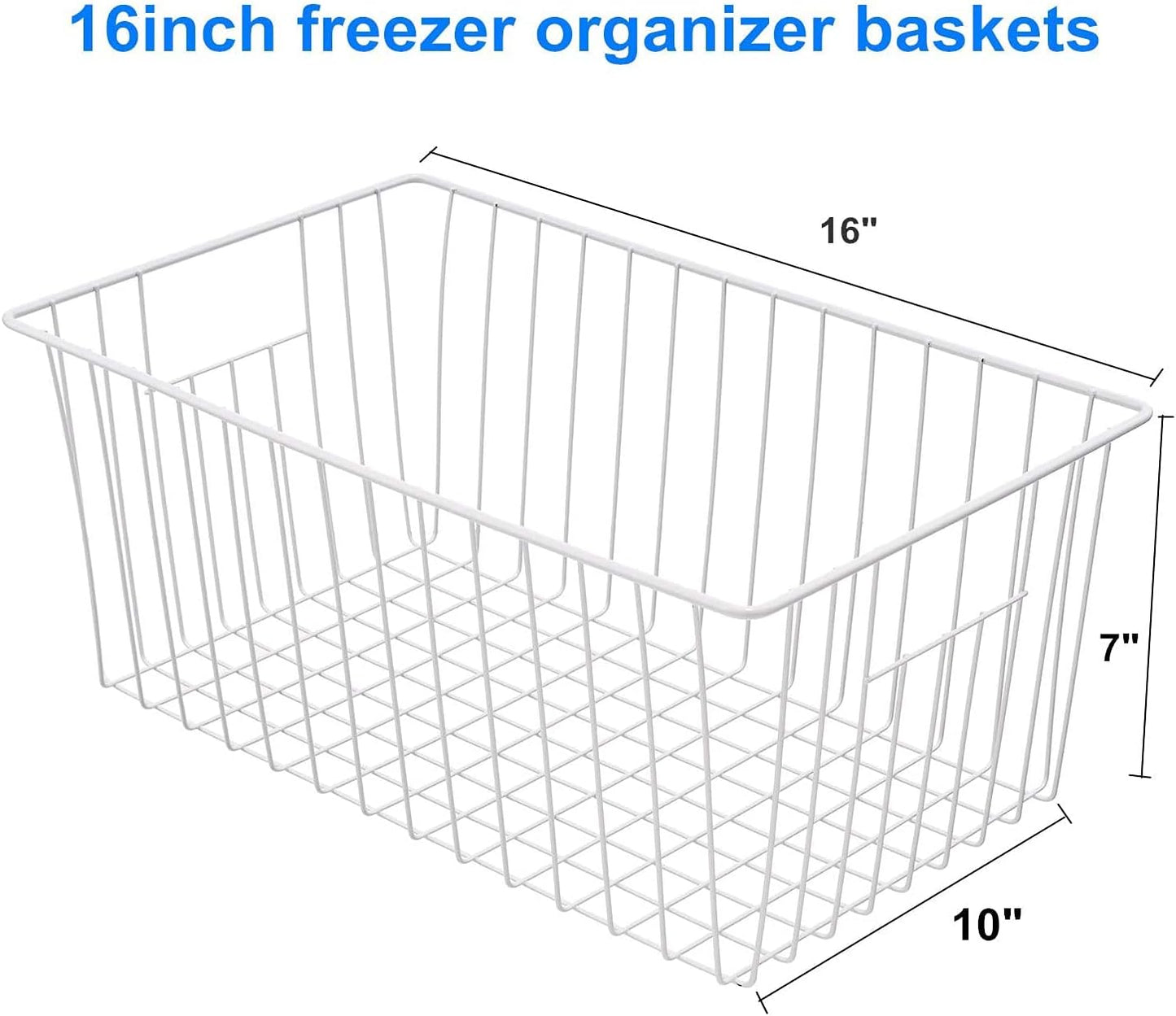 16inch Freezer Storage Organizer Baskets, Household Wire Refrigerator Bins with Built-in Handles for Cabinet, Pantry, Closet