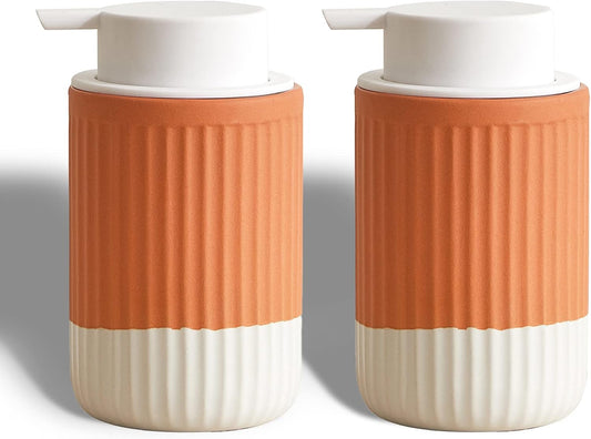 2 Pack Hand Dipped Terracotta Ceramic Foam Soap Dispenser, 12 oz Rippled Bubble-Up Bottle with White Silicone Pump, Refillable Orange Hand Soap Dispenser for Bathroom