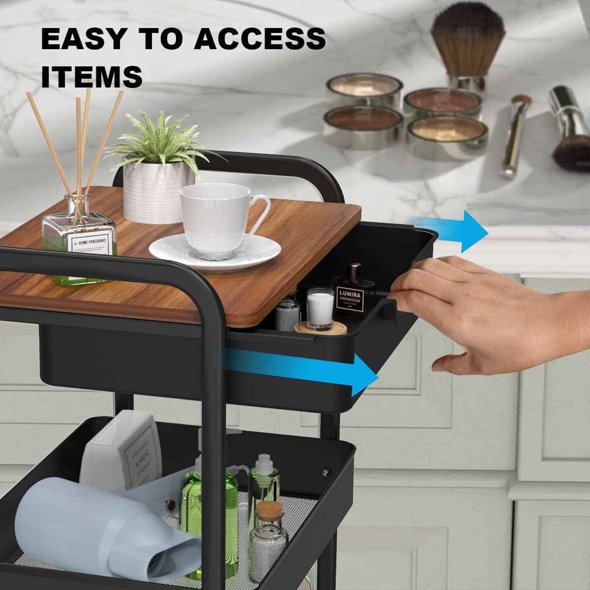 3 Tier Rolling Cart with Drawer, Metal Utility Cart on Wheels Storage Cart with Wood Top, Kitchen Cart Art Cart Organizer for Bathroom Office Balcony Living Room